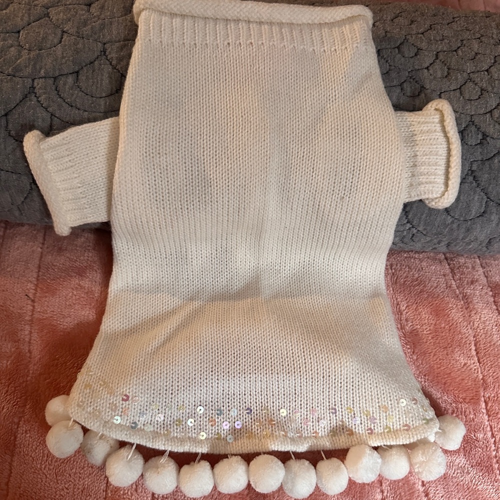 Oscar Newman NWT White Knit Dog Sweater – Sequin Trim & Pom Pom Fringe | Size S